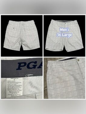 Men's PGA Tour 36 Large Chino Khakis Shorts Golf Square Grid White Gray Stretch
